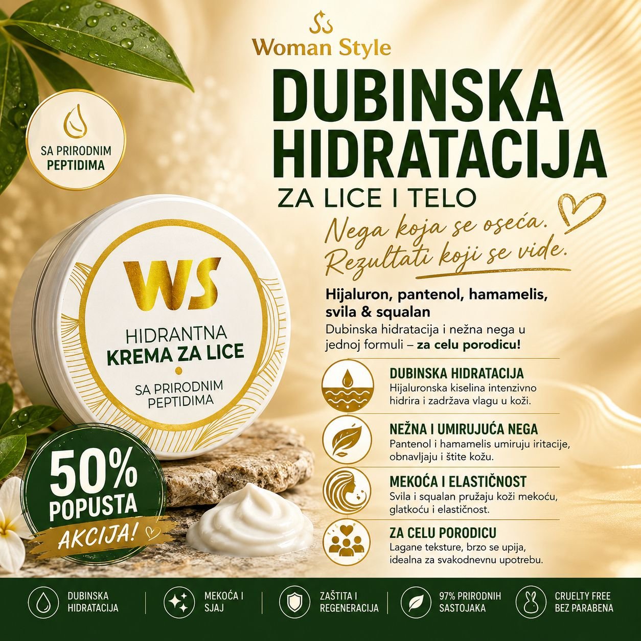 Hidrantna krema za lice – sa prirodnim peptidima